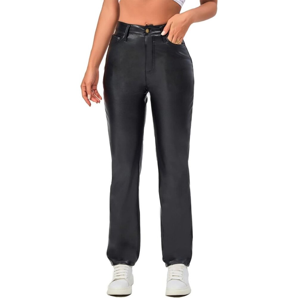 Faux Leather High Waisted Pants L Black Straight Leg Pockets Fleece Lined NEW